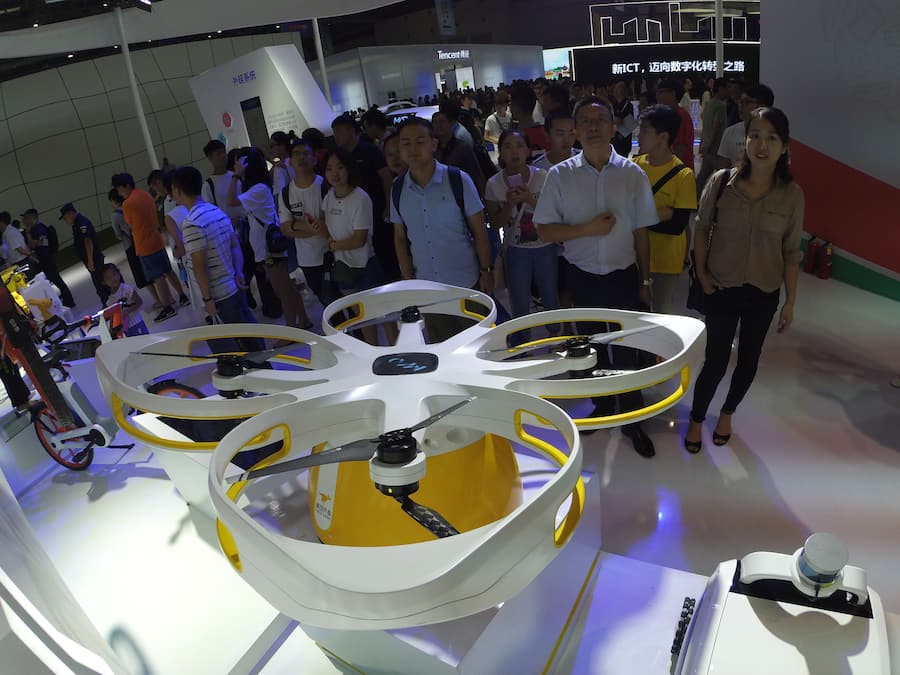 A view of the unmanned aerial vehicle co-developed by Meituan Dianping and Neolix (a China-based unmanned logistic vehicle developer) at the China Smart Expo 2018 in southwest China's Chongqing Municipality Thursday, Aug. 23, 2018.PHOTOGRAPH BY Feature China / Barcroft Images (Photo credit should read Feature China / Barcroft Images / Barcroft Media via Getty Images)