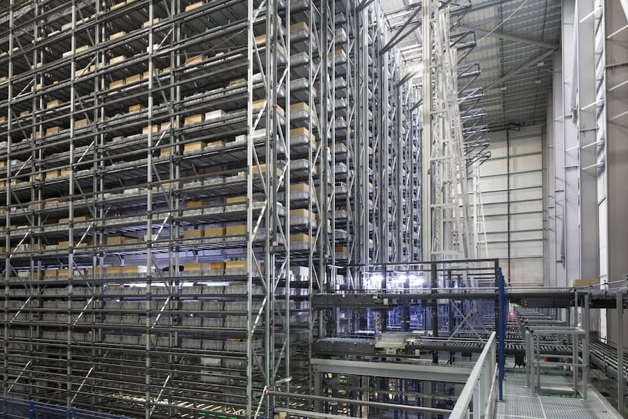View into the fully automated high rack warehouse at the logistics center