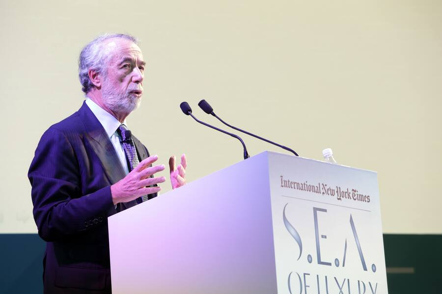 SINGAPORE - NOVEMBER 21: President, Tom Ford International, Domenico De Sole addresses the INYT Luxury Conference on November 21, 2013 in Singapore. The 13th annual International New York Times Luxury conference is the premier meeting point for the luxury industry 500 delegates from 30 countries have gathered in Singapore to hear from the world's most inspirational fashion designers and luxury business leaders. (Photo by Nicky Loh/Getty Images for INYT)