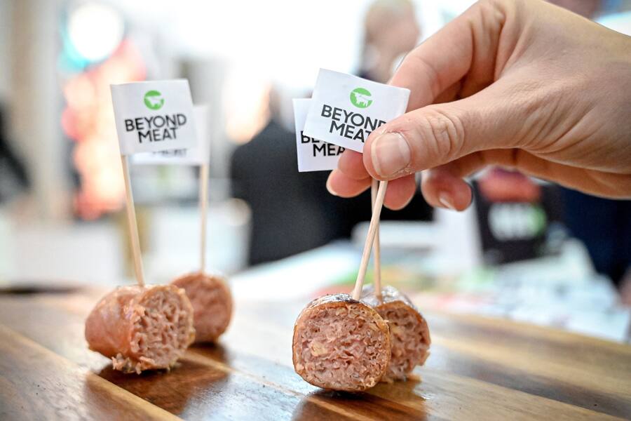 epa07903819 Plat-based sausages of Beyond Meat on display at the 'Anuga' fair in Cologne, Germany, 07 October 2019. Around 7,400 exhibitors from 107 countries take part in the 100th edition of the world's largest food and drink trade fair running from 05 until 09 October 2019. EPA/SASCHA STEINBACH
