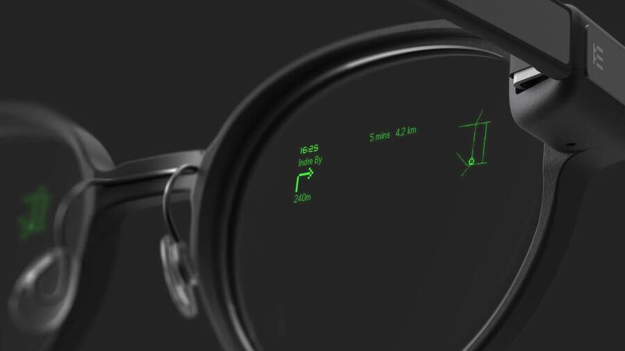 <p>Die Brille zeigt auf der Innenseite dem, der sie trägt, Anweisungen oder Übersetzungen an.</p>