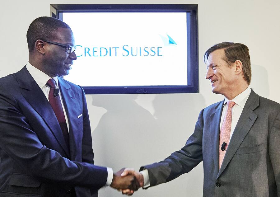 <p>Ein Bild aus besseren Tagen bei der Credit Suisse: Konzernchef Brady Dougan (rechts) gratuliert seinem Nachfolger Tidjane Thiam bei dessen Vorstellung am 10. März 2015.</p>