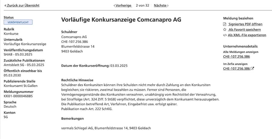 <p>Die Firma, die sich im Januar noch in Comcanapro AG umbenannte, befindet sich in Liquidation.</p>
