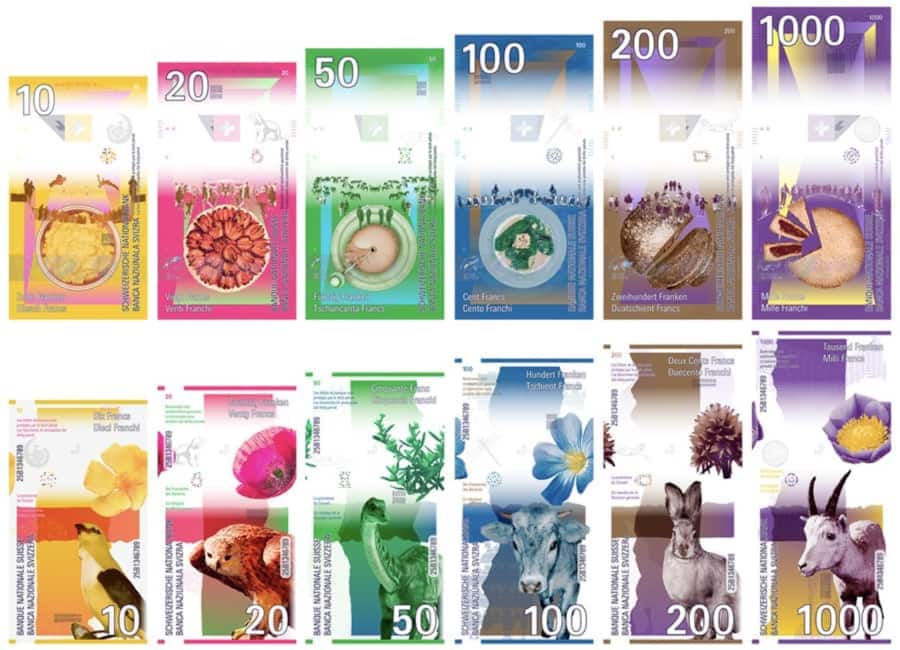 <p>Von der Ameise (Notenserie 6) zur Ziege auf dem Tausender: Aktueller Entwurf für die neuen Schweizer Banknoten. </p>