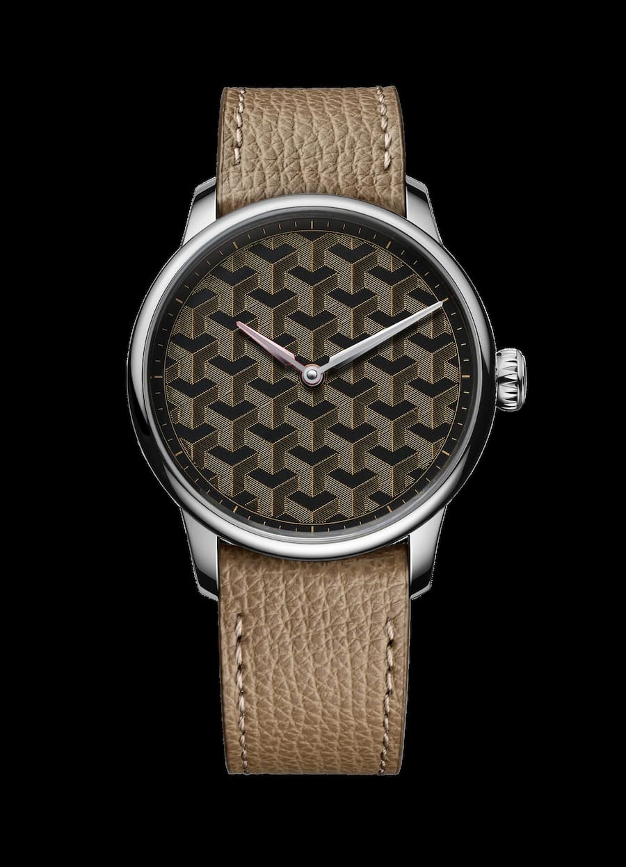 <p>Ein geometrisches Muster aus feinen Golddrähten im Stil des niederländischen Künstlers Maurits Cornelis Escher ziert das Zifferblatt der Uhr Fil d’Or von Louis Erard.</p>