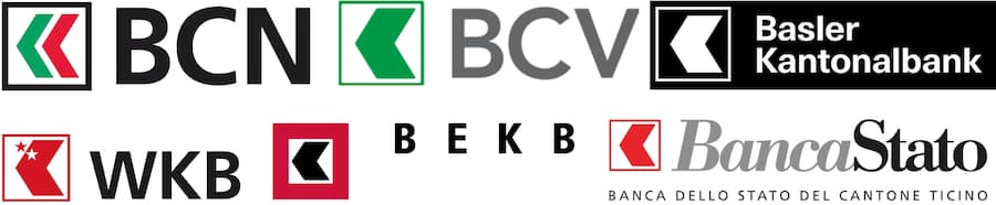 Logos der Kantonalbanken von Neuenburg, Waadt, Basel, Wallis, Bern und Tessin
