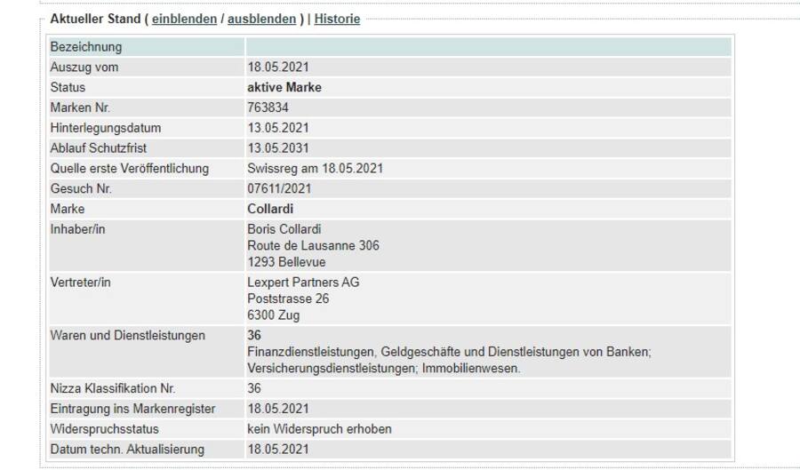 Markeneintrag von Boris Collardi für Finanzdienstleistungen