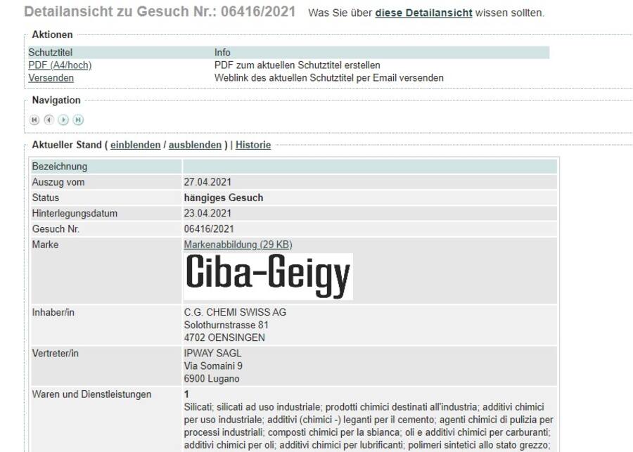 Markenregister-Auszug Ciba Geigy 2021