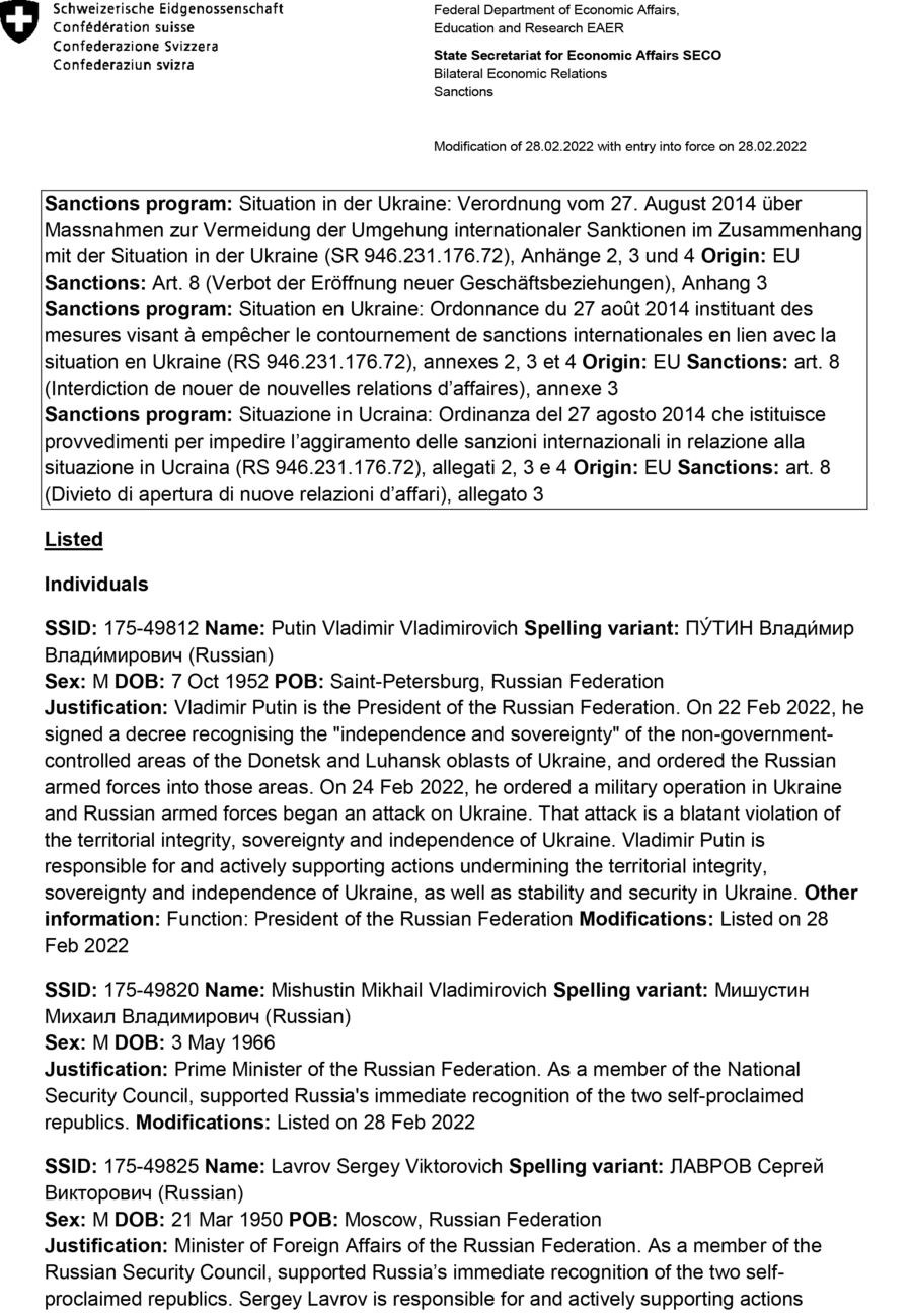 Auflistung Seco, Sanktionen gegen Putin und Lawrov.