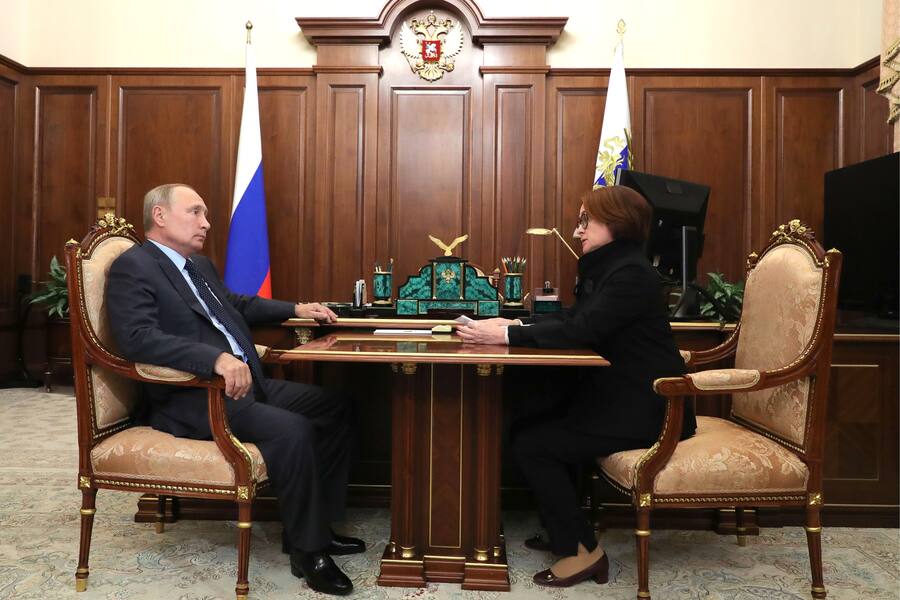 MOSCOW, RUSSIA - SEPTEMBER 24, 2019: Russia's President Vladimir Putin (L) and Russian Central Bank Governor Elvira Nabiullina talk during a meeting at the Moscow Kremlin. Mikhail Klimentyev/Russian Presidential Press and Information Office/TASS (Photo by Mikhail Klimentyev\TASS via Getty Images)
