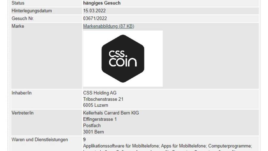Ausriss Markenregister: Der CSS Coin