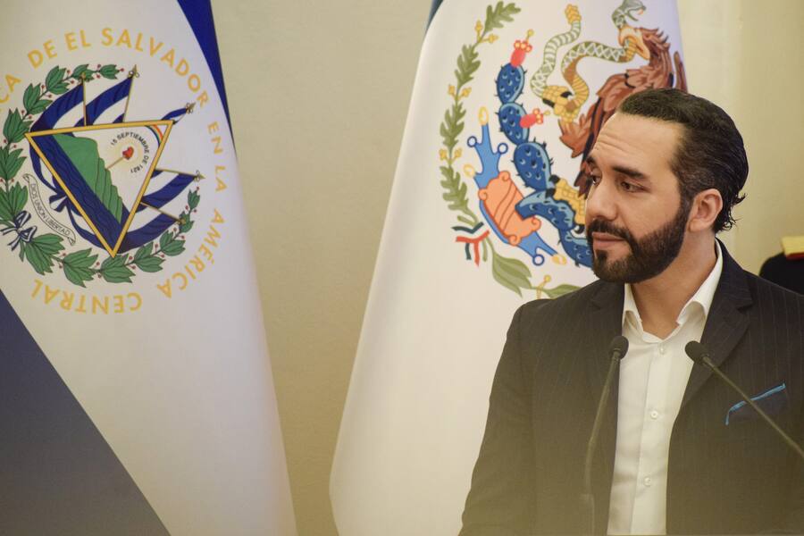 SAN SALVADOR, EL SALVADOR - MAY 06: President of El Salvador Nayib Bukele looks on at a press conference during a Latin-American tour for migration development on May 6, 2022 in San Salvador, El Salvador. (Photo by Kellys Portillo/APHOTOGRAFIA/Getty Images)