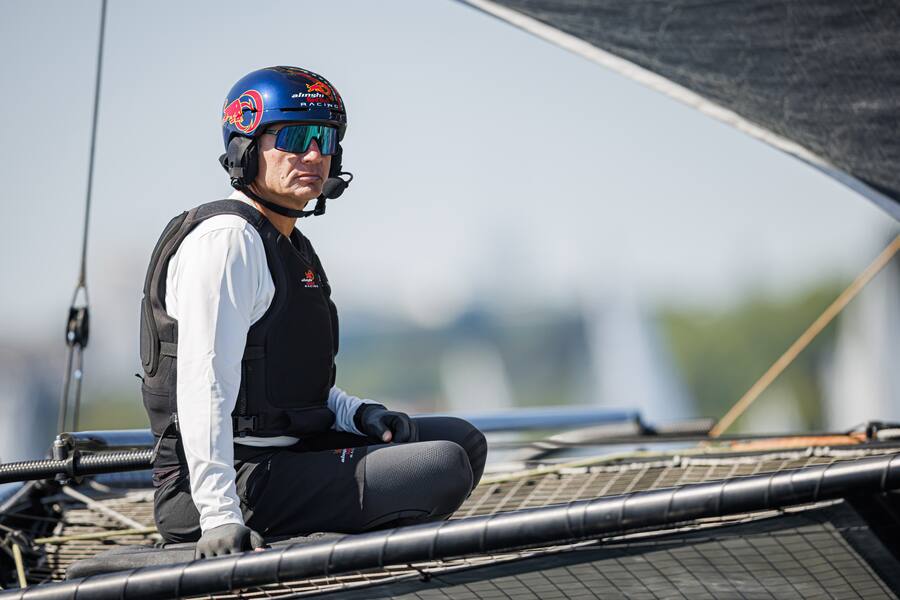 epa10007465 Swiss skipper Ernesto Bertarelli is pictured on his TF35 class sailboat "Alinghi Red Bull Racing" at the start of the 83rd "Bol d'Or" sailing race on Lake Geneva, in Geneva, Switzerland 11 June 2022. Over 420 boats participate in this weekend's Bol d'Or, the largest sailing race held on a lake in Europe. EPA/VALENTIN FLAURAUD
