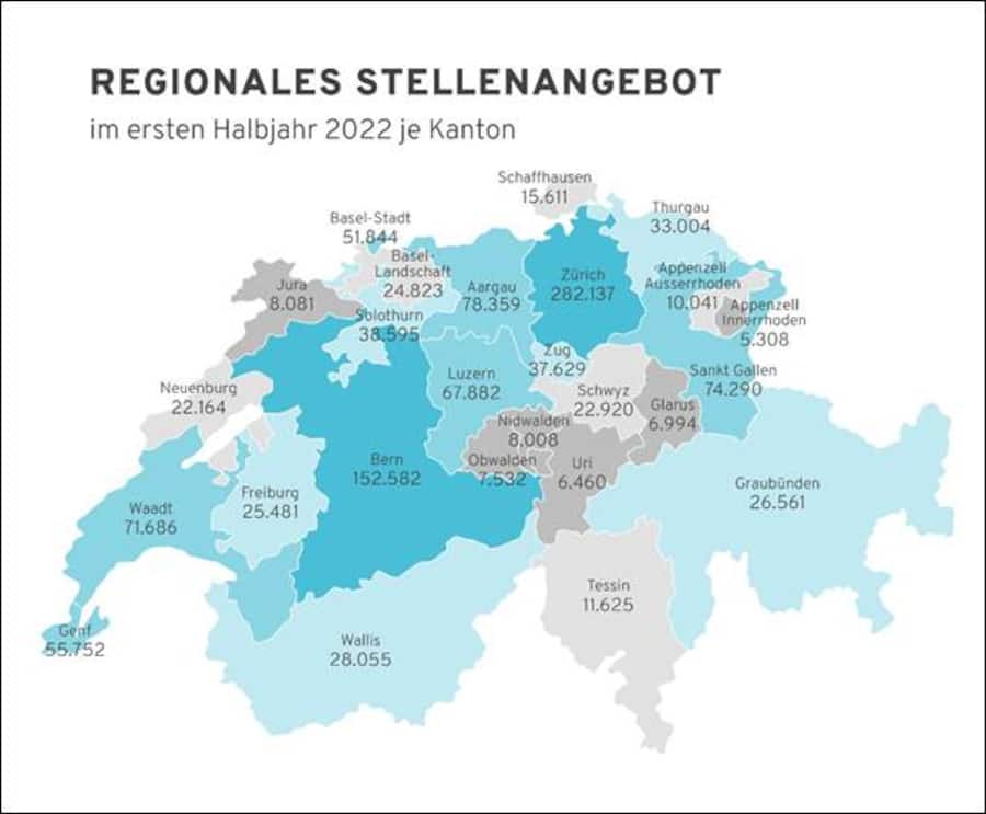 Die meisten ausgeschriebenen Jobs nach Kantone in der Schweiz.