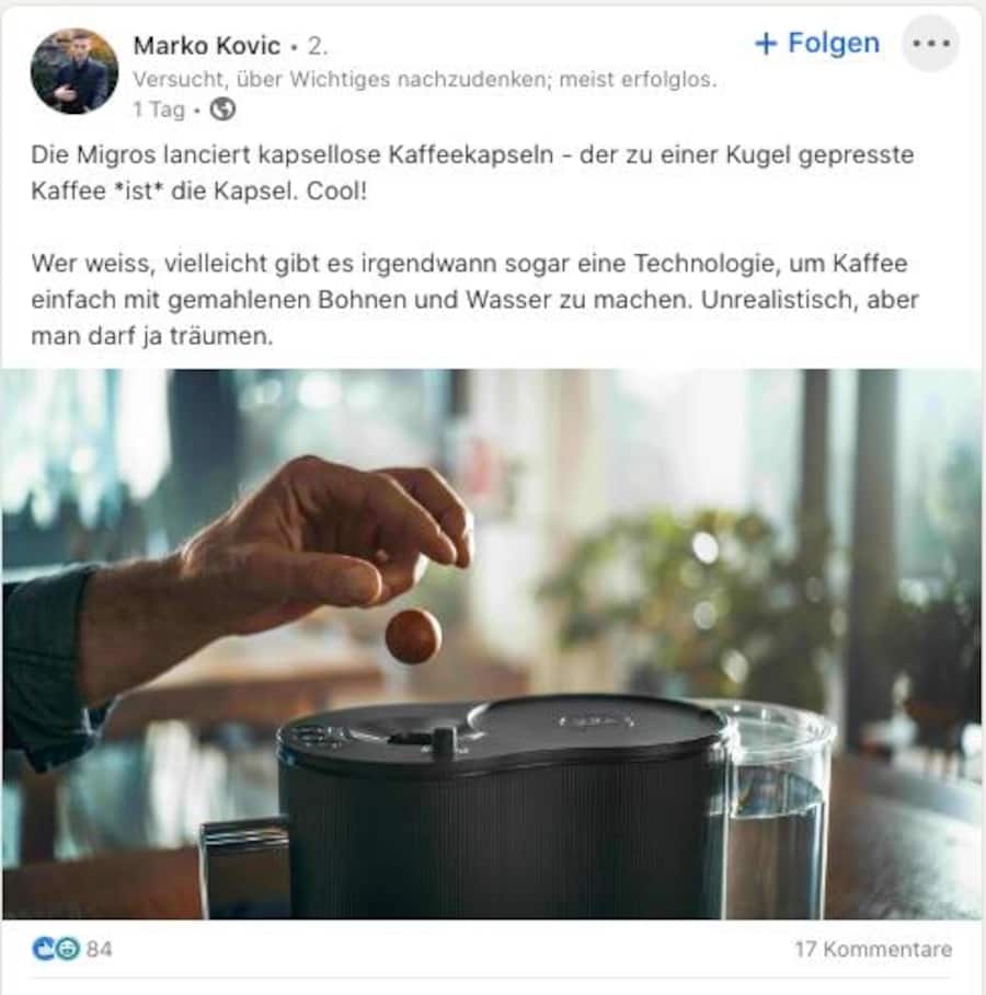 Linkedin Post von Marko Kovic über Coffee B der Migros (neues Kaffeekapselsystem) Screenshot