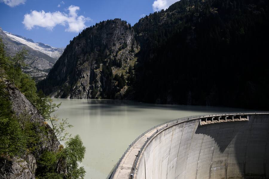 Le barrage de Gebidem est photographie le vendredi 12 aout 2022 entre Riederalp et Naters. Le barrage de Gebidem (Gibidum en allemand) est un barrage voute dans le canton du Valais en Suisse. Il se situe dans les gorges de la Massa, au pied du glacier d'Aletsch. (KEYSTONE/Jean-Christophe Bott)