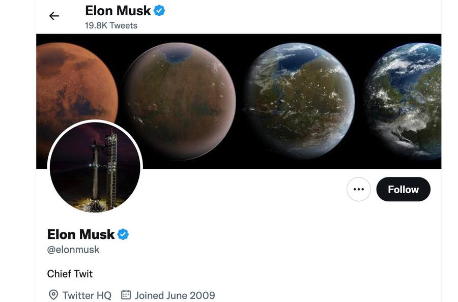 Elon Musks Twitterprofil mit neuer Bio und neuem Standort.