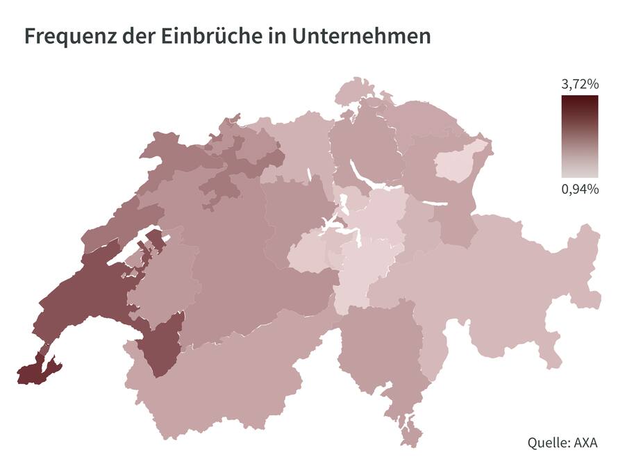 Die Grafik zeigt die der Axa gemeldeten Firmen-Einbrüche der letzten 15 Jahre pro Anzahl versicherter Unternehmen.
