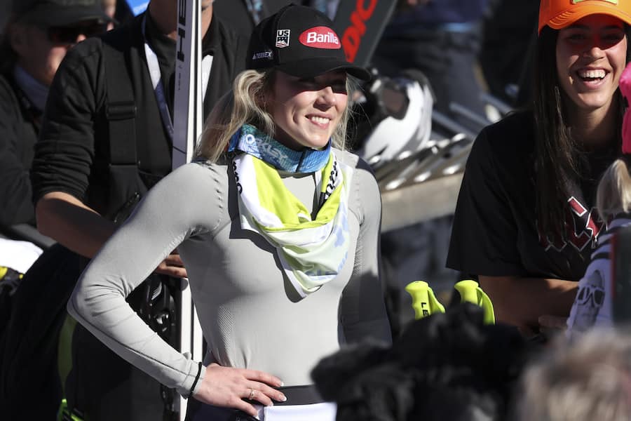 United States' Mikaela Shiffrin smiles at the finish area of an alpine ski, women's World Cup super-g race, in Soldeu, Andorra, Thursday, March 16, 2023. (AP Photo/Alessandro Trovati)