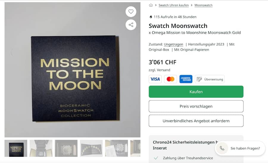 Auf der Plattform Chrono24 wird die Uhr für 3061 Franken geboten – in Swatch Läden kostet sie 275 Franken.