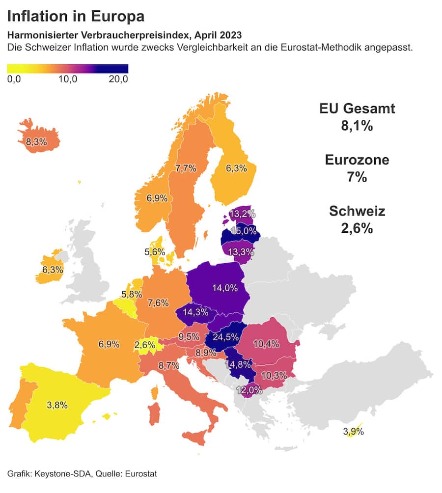GRAFIK --- Harmonisierter Verbraucherpreisindex im April 2023. Diese Infografik wurde automatisiert vom Schreibroboter Lena erstellt. (KEYSTONE/Lena)