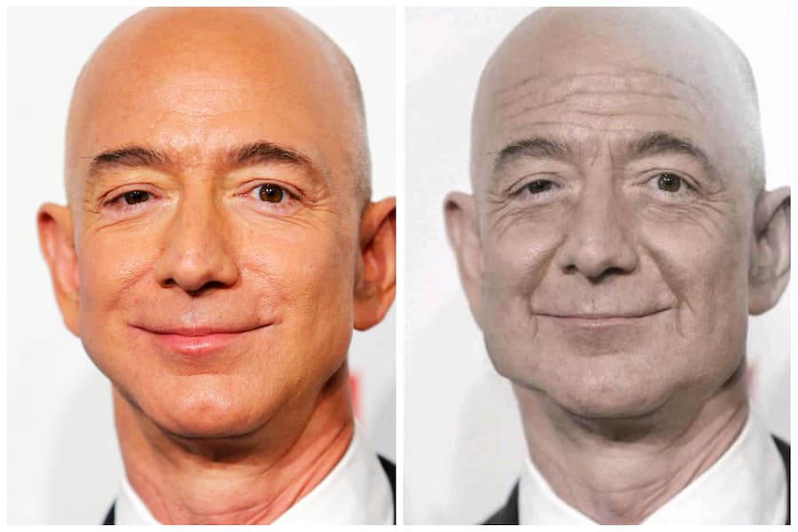 Jeff Bezos heute und 25 Jahre gealtert.