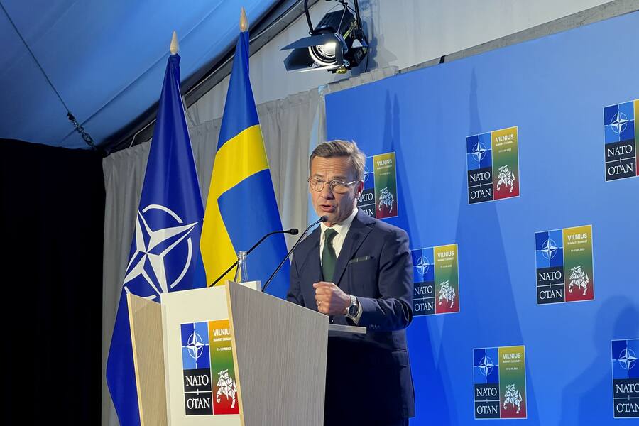 Sweden's Prime Minister Ulf Kristersson speaks during a media conference ahead of a NATO summit in Vilnius, Lithuania, Monday, July 10, 2023. NATO Secretary General Jens Stoltenberg says Turkey's President Recep Tayyip Erdogan has agreed to send Sweden's NATO accession protocol to the Turkish Parliament "as soon as possible." (AP Photo/Sylvain Plazy)