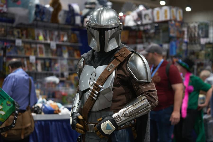 epa10761166 A person dressed in cosplay as a Mandalorian character at Comic-Con International at the San Diego Convention Center in San Diego, California, USA, 21 July 2023. EPA/ALLISON DINNER