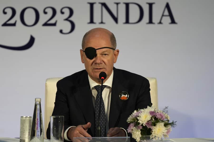 Germany Chancellor Olaf Scholz speaks during a press conference on the sidelines of the G20 summit in New Delhi, India, Saturday, Sept. 9, 2023. (AP Photo/Manish Swarup)