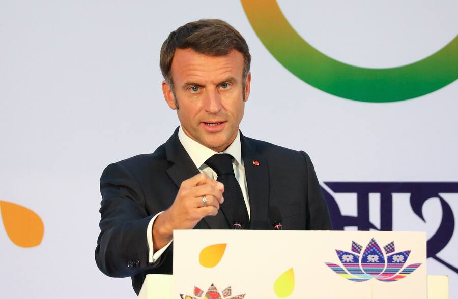 epa10852378 French President Emmanuel Macron addresses a press conference at the international media center during the G20 Summit in New Delhi, India, 10 September 2023. The G20 Heads of State and Government summit took place in the Indian capital on 09 and 10 September. EPA/HARISH TYAGI