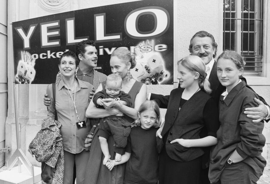 Dieter Meier and Boris Blank of the duo "Yello" pose with their families on June 18, 1997, in Zurich, Switzerland, on the occasion of the award ceremony of the Art Award Zurich of 1997.