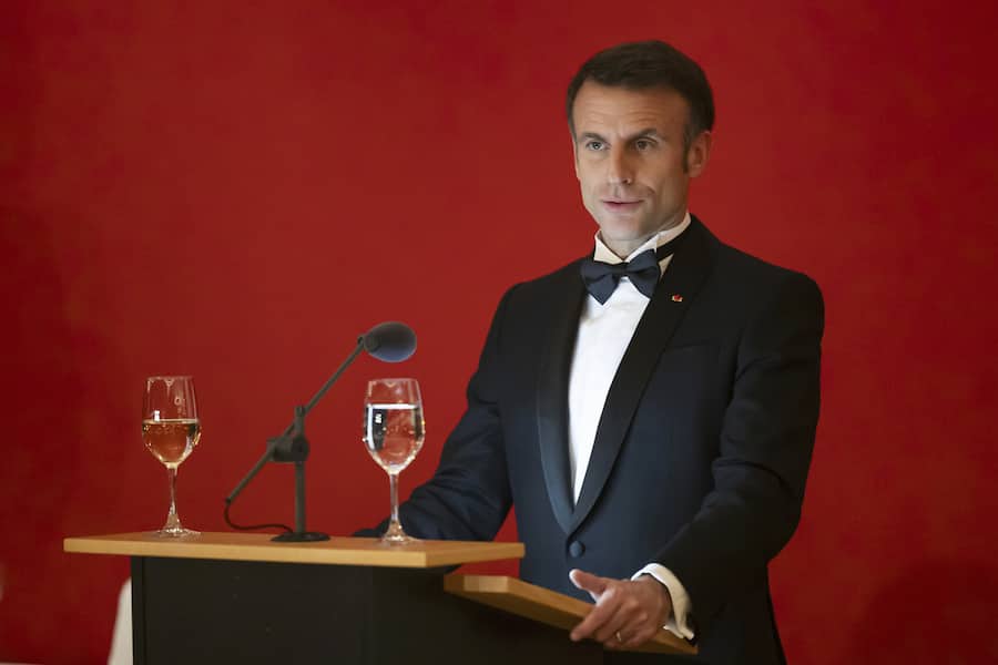 French President Emmanuel Macron delivers a speech at the state dinner hosted in honor of the French President and his wife Brigitte by the Federal Council in Bern, Switzerland, Wednesday, Nov. 15, 2023. Macron and his wife Brigitte are visiting Switzerland for a two day state visit. (Peter Klaunzer/Keystone via AP).Emmanuel Macron