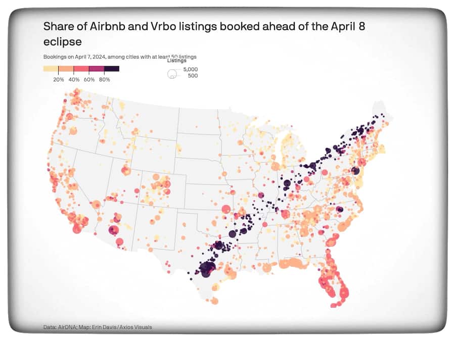 Buchungsstand Airbnb und Vrbo für den 8. April 2024: Die Vorausbuchungen (dunkle Punkte)sind dort am stärksten, wo die totale Sonnenfinsternis am besten zu sehen sein wird.