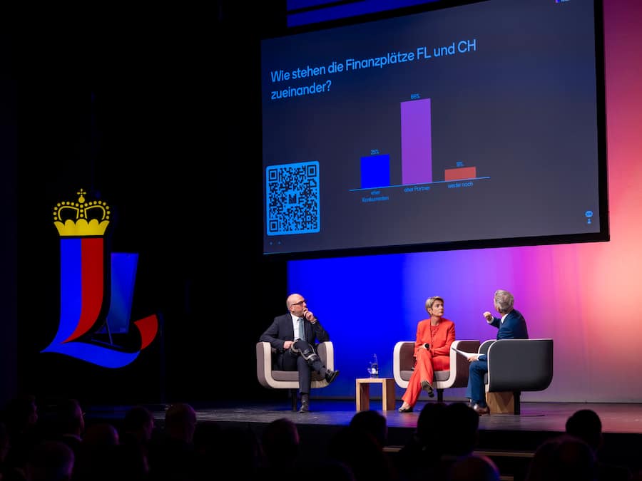 Finance Forum Liechtenstein 2024, Bild aufgenommen im Vaduzersaal in Vaduz am 21.05.2024 - Finanzminister im Dialog: Liechtensteiner Regierungschef Daniel Risch, Schweizer Bundesrätin Karin Keller-Sutter und Reto Lipp Moderator (v.l.) FOTO & COPYRIGHT: DANIEL SCHWENDENER