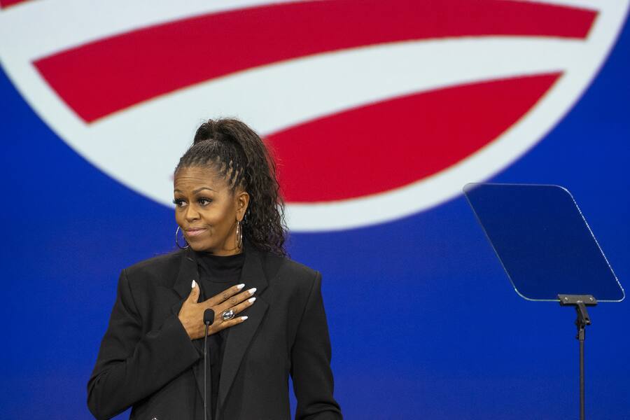 Former first lady Michelle Obama speaks during the Obama Foundation Democracy Forum at McCormick Place, Friday, Nov. 3, 2023 in Chicago. (Tyler Pasciak LaRiviere/Chicago Sun-Times via AP)