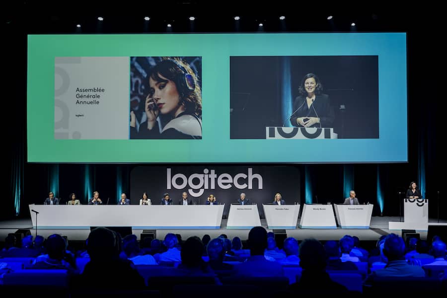 Wendy Becker, Chairperson of the Board of Logitech, speaks during the Annual General Meeting of Logitech at the SwissTech Convention Center, in Ecublens near Lausanne, Switzerland, Wednesday, September 4, 2024. (KEYSTONE/Jean-Christophe Bott)