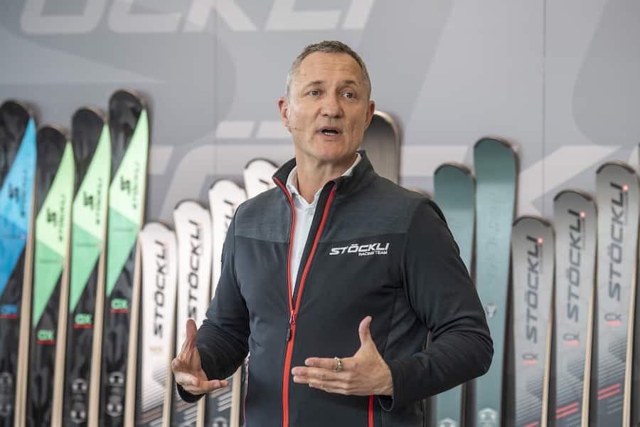 Der CEO von Stoeckli, Marc Glaeser anlaesslich einer Medienkonferenz beim Schweizer Skihersteller Stoeckli Ski in Malters im Kanton Luzern am Dienstag, 21. Maerz 2023. Odermatt ist seit Jahren beim Schweizer Skihersteller Stoeckli unter Vertrag. (KEYSTONE/Urs Flueeler)