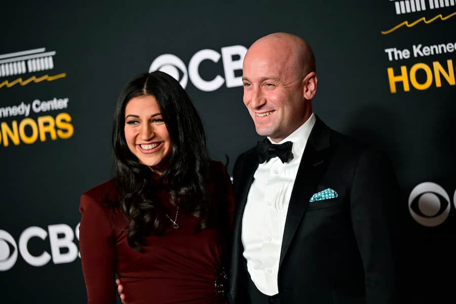 WASHINGTON, DC - DECEMBER 07: (L-R) Katie Miller and Stephen Miller attend the 48th Kennedy Center Honors at The Kennedy Center on December 07, 2025 in Washington, DC. (Photo by Shannon Finney/WireImage)