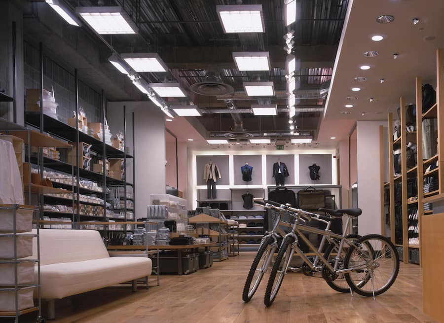 Muji Store, Bluewater, United Kingdom, Architect Mcdaniel Woolf, Muji Store Architects: Mcdaniel Woolf. March 1999. View To Rear With Bikes.. (Photo by View Pictures/UIG via Getty Images)