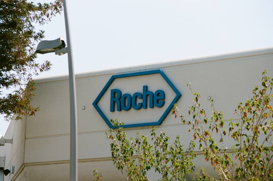 Logo on building exterior at the Silicon Valley headquarters of pharmaceutical company Roche, Santa Clara, California, August 17, 2017. (Photo via Smith Collection/Gado/Getty Images)