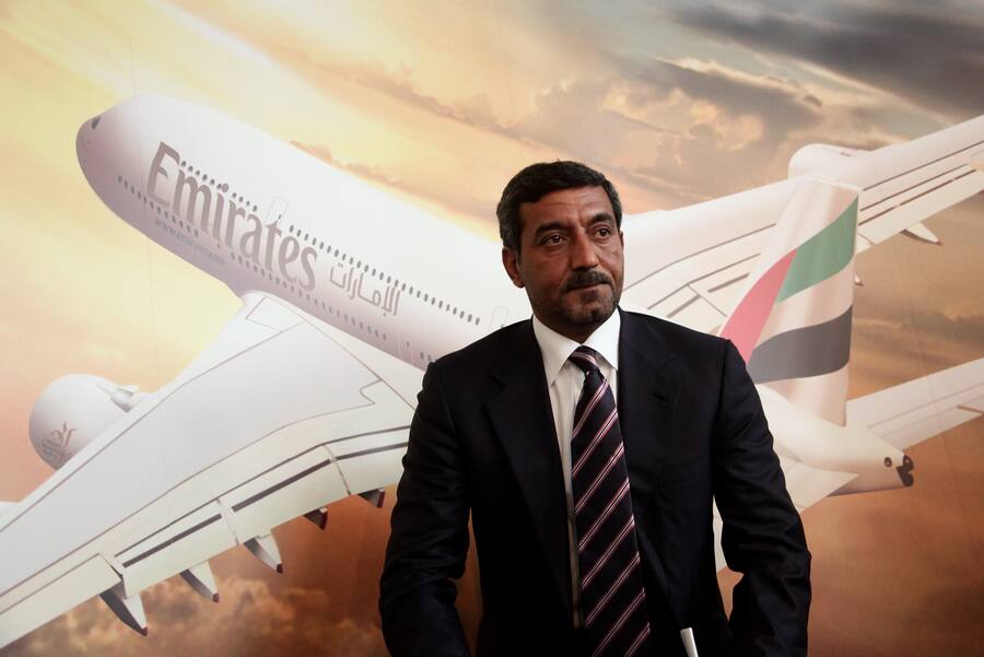 BERLIN - JUNE 08: Sheikh Ahmed bin Saeed Al Maktoum, Chairman of Emirates airline, attends a press conference at which he announced that Emirates is to purchase more Airbus A380 aircraft at the ILA Berlin Air Show on June 8, 2010 in Berlin, Germany. Emirates will buy an additional 32 A380 aircraft, bringing its total A380 fleet to 90 aircraft. (Photo by Sean Gallup/Getty Images)