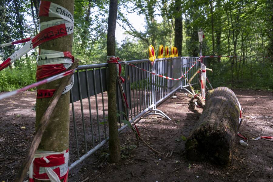 Eine mit Gittern und Absperrband geschlossene gruene Grenze zwischen der Schweiz und Deutschland im Naherholungsgebiet Lange Erlen in Basel am Sonntag, 3. Mai 2020. (KEYSTONE/Georgios Kefalas)