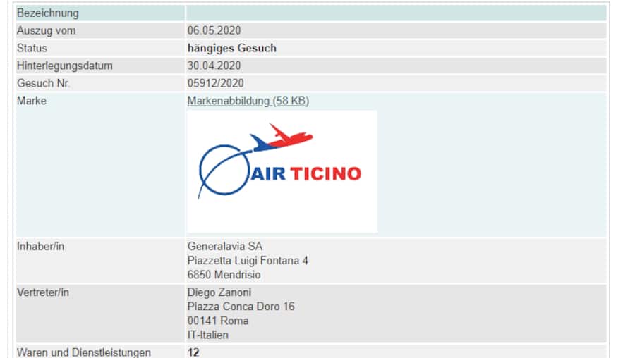 Markeneintrag für die neue Airline Air Ticino