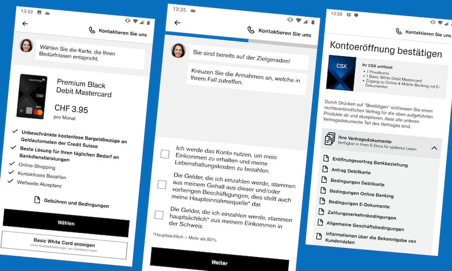 Screenshots Kontoeröffnung Credit Suisse CSX