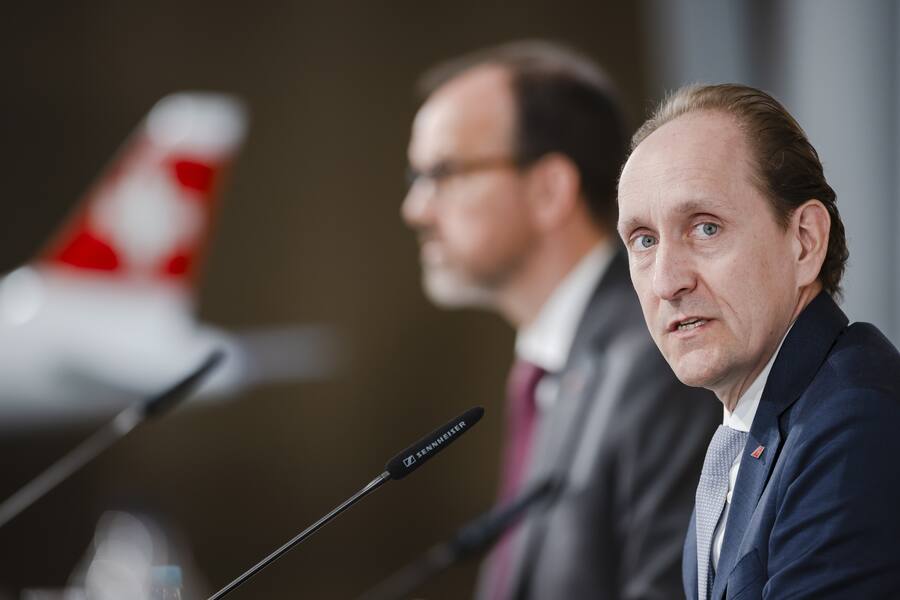 epa09798680 Swiss International Air Lines CEO Dieter Vranckx (R) and CFO Markus Binkert (L) attend a press conference announcing the airlines's 2021 full year results in Zurich Kloten, Switzerland, 03 March 2022. EPA/MICHAEL BUHOLZER