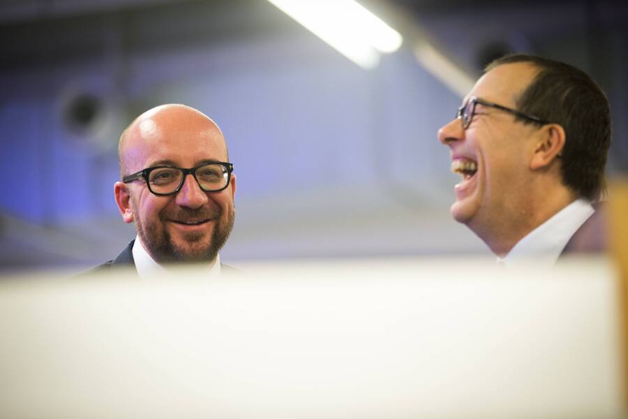 - IEPER, BELGIUM: MR Belgian Prime Minister Charles Michel and Picanol CEO Luc Tack pictured during a visit to Picanol Group, producer of weaving machines and related technology, in Ieper, Friday 24 April 2015. KURTxDESPLENTER PUBLICATIONxINxGERxSUIxAUTxONLY x79683831x